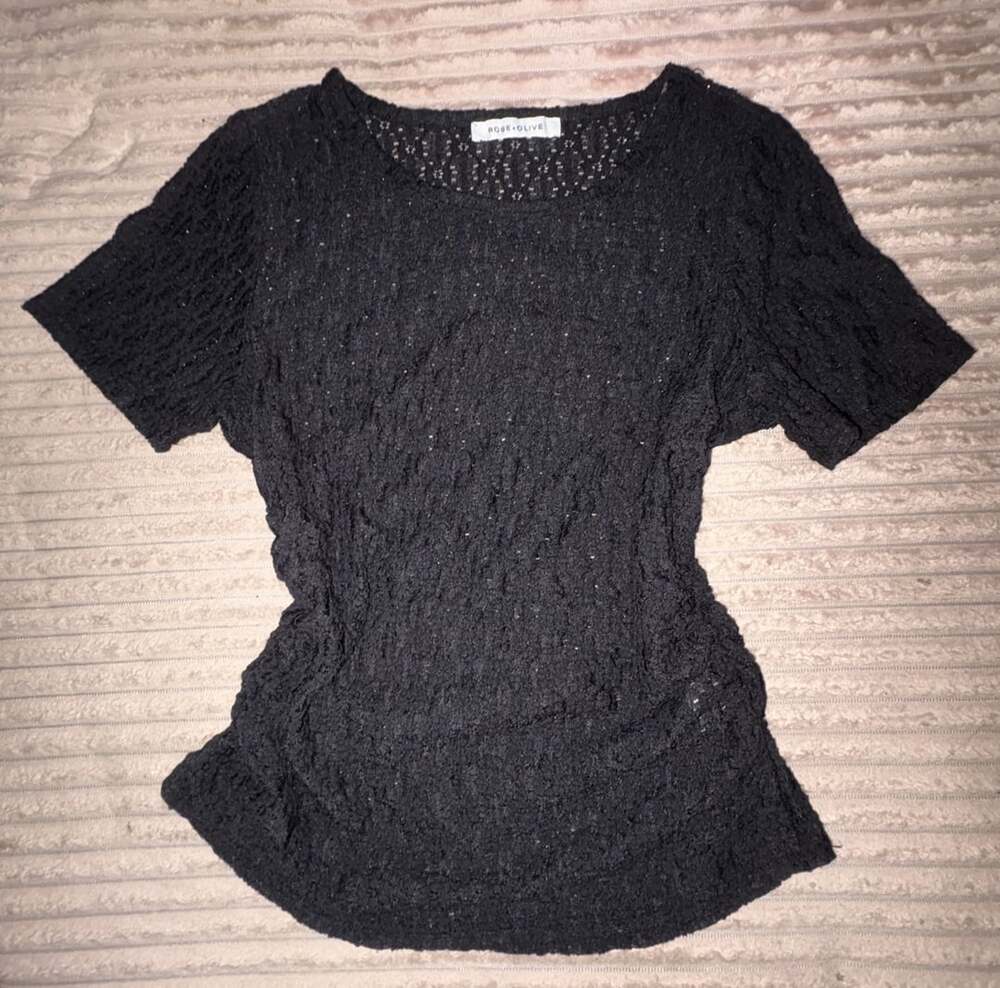 Rose + Olive Black Sheer Lace Short Sleeve Top